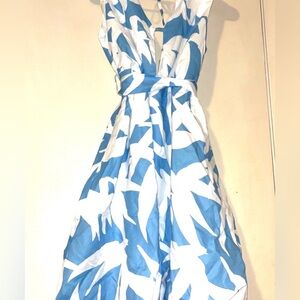 Blue and White A line Dress , belted Bow, Bubble Hem, Summer Dress ~ size small